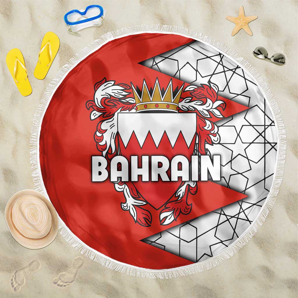 Bahrain Shield Design Beach Blanket with Arabesque Tile Motif in Red