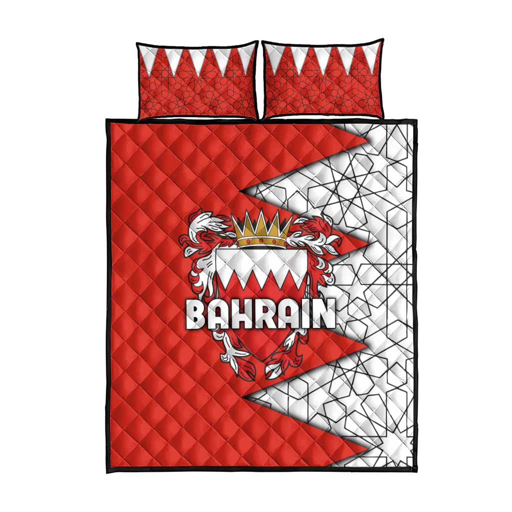 Bahrain Shield Design Quilt Bed Set with Arabesque Tile Motif in Red