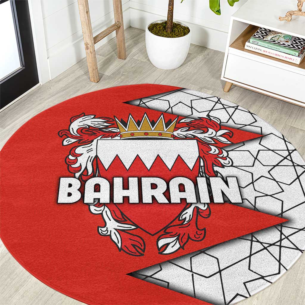 Bahrain Shield Design Round Carpet with Arabesque Tile Motif in Red