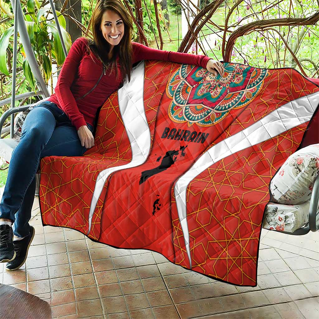 Bahrain Mandala Pattern Quilt with National Map and Arabic Geometric Design