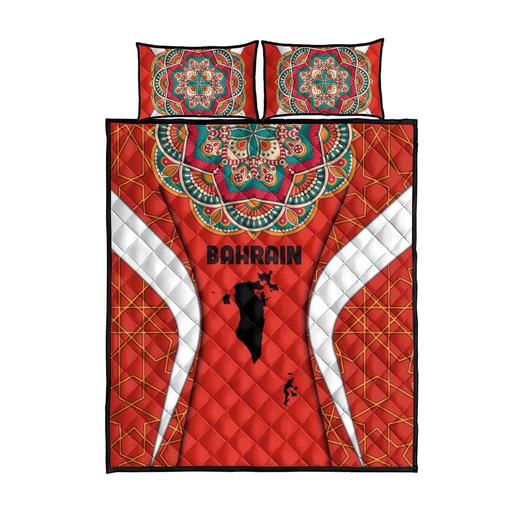 Bahrain Mandala Pattern Quilt Bed Set with National Map and Arabic Geometric Design