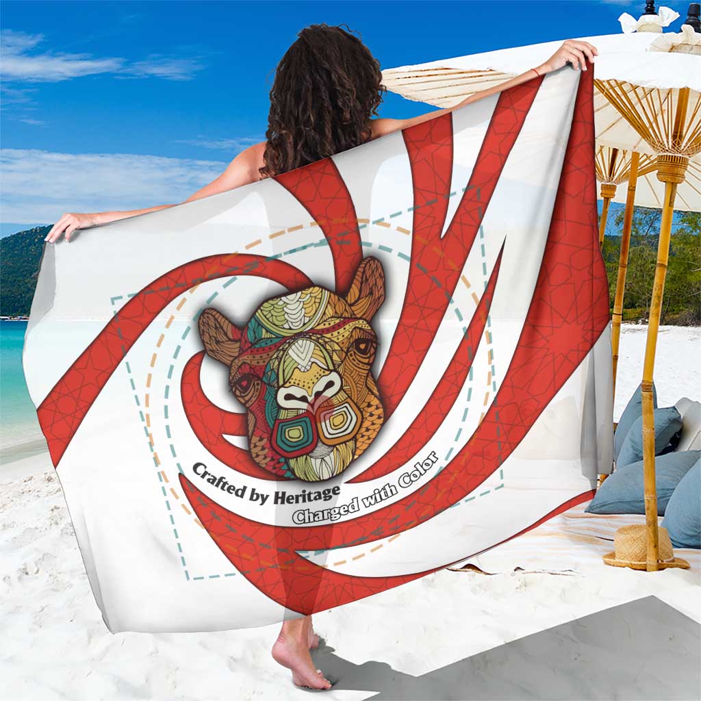 Bahrain Tribal Camel Sarong with Red Mosaic Swirl and Heritage Slogan