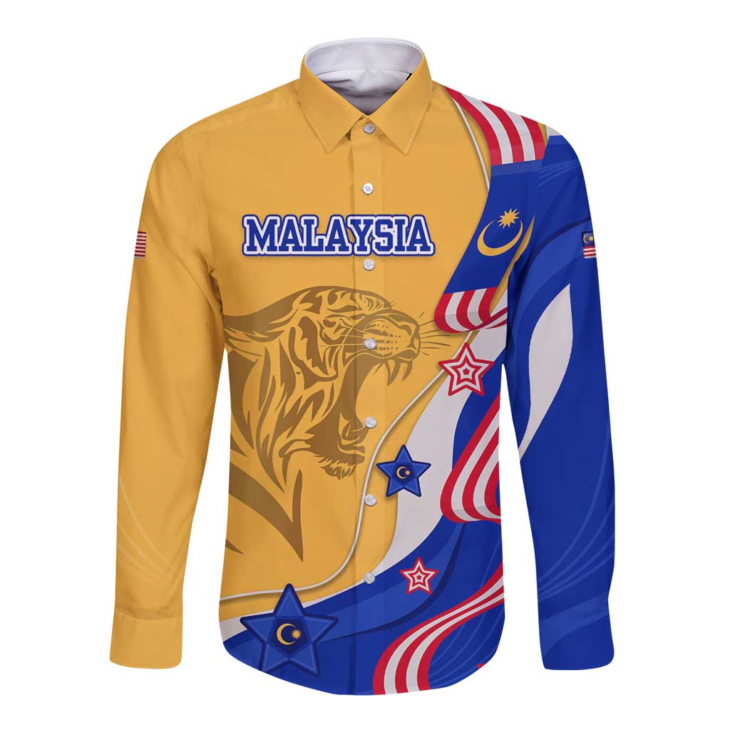 Malaysian Tiger and National Flag Long Sleeve Button Shirt with Royal Gold and Blue Design