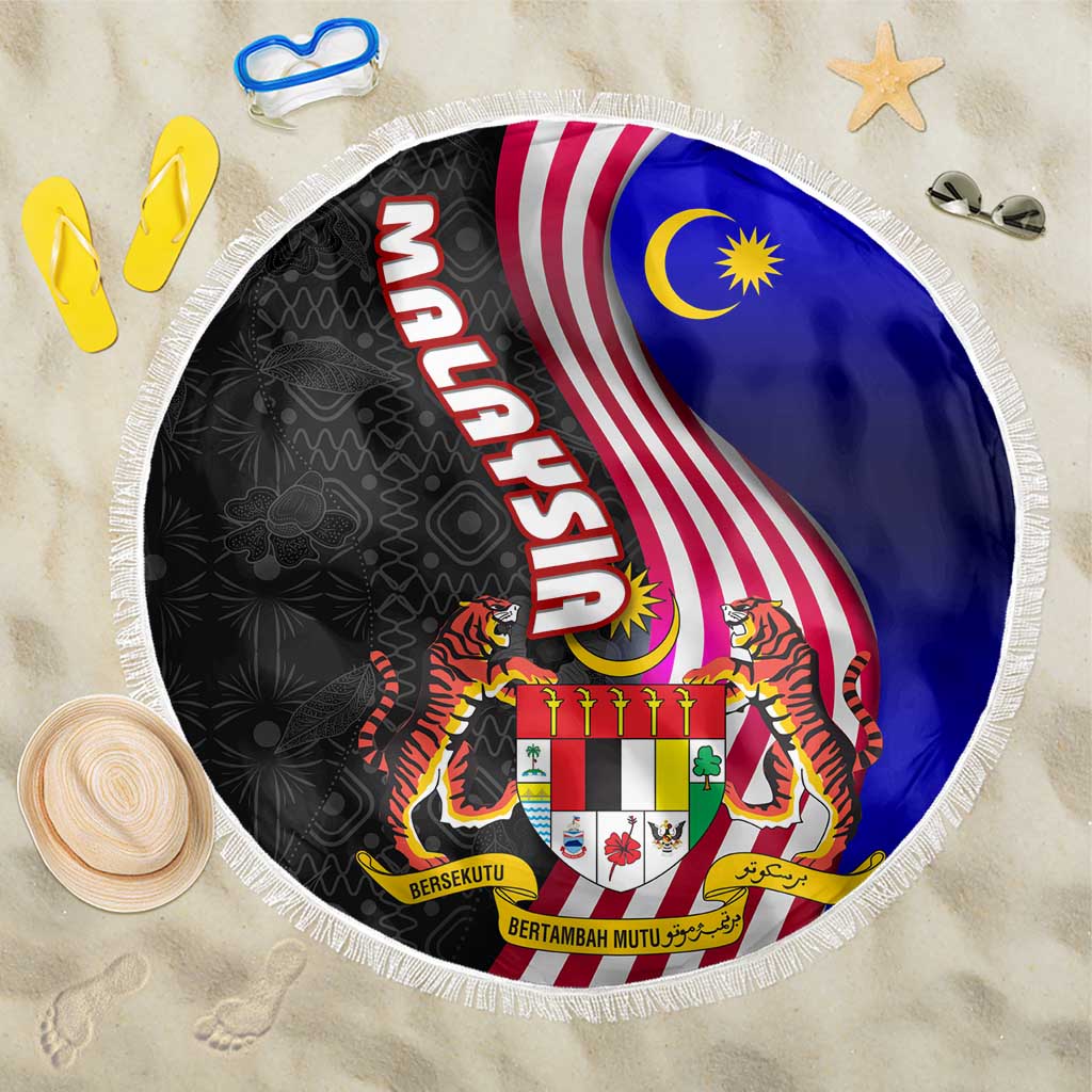 Malaysia Coat of Arms Beach Blanket with National Flag and Black Batik Pattern