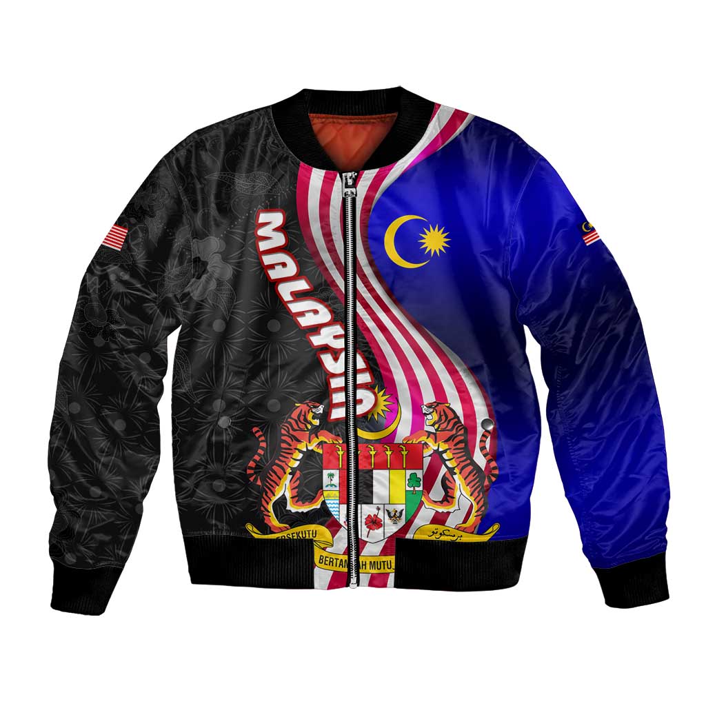 Malaysia Coat of Arms Bomber Jacket with National Flag and Black Batik Pattern