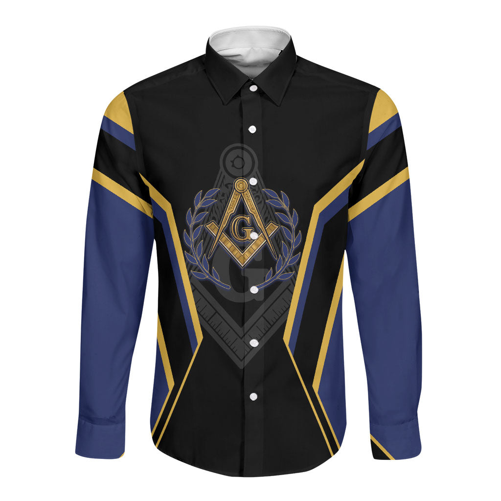 Personalized Prince Hall Freemasonry Long Sleeve Button Shirt Royal Blue Gold Masonic Geometric Legacy Graphic