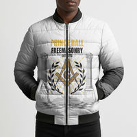 Personalized Prince Hall Freemasonry Bomber Puffer Jacket Masonic Square And Compass Vintage Gold Pillar Illustration
