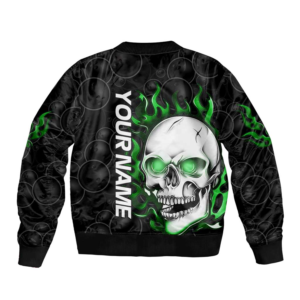 Personalized Skull Bowling Sleeve Zip Bomber Jacket Green Flame Skull - Wonder Print Shop