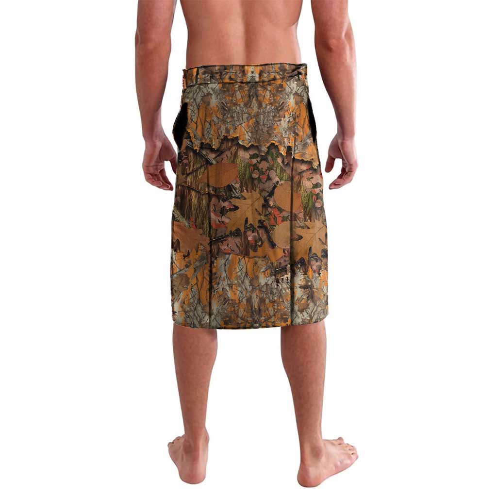 Multicolor camouflage wrap skirt with front deer hunter logo, elastic waistband