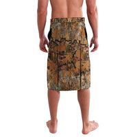 Multicolor camouflage wrap skirt with front deer hunter logo, elastic waistband
