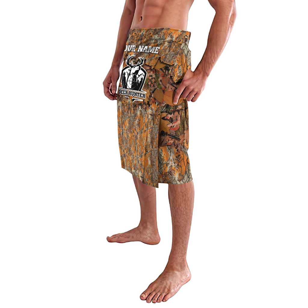 Camouflage wrap skirt with deer hunter graphic patch and side hem overlap, knee-length