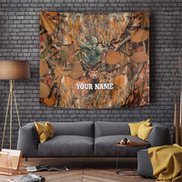Deer hunting tapestry with forest camo, skeleton archer, and centered “YOUR NAME” text