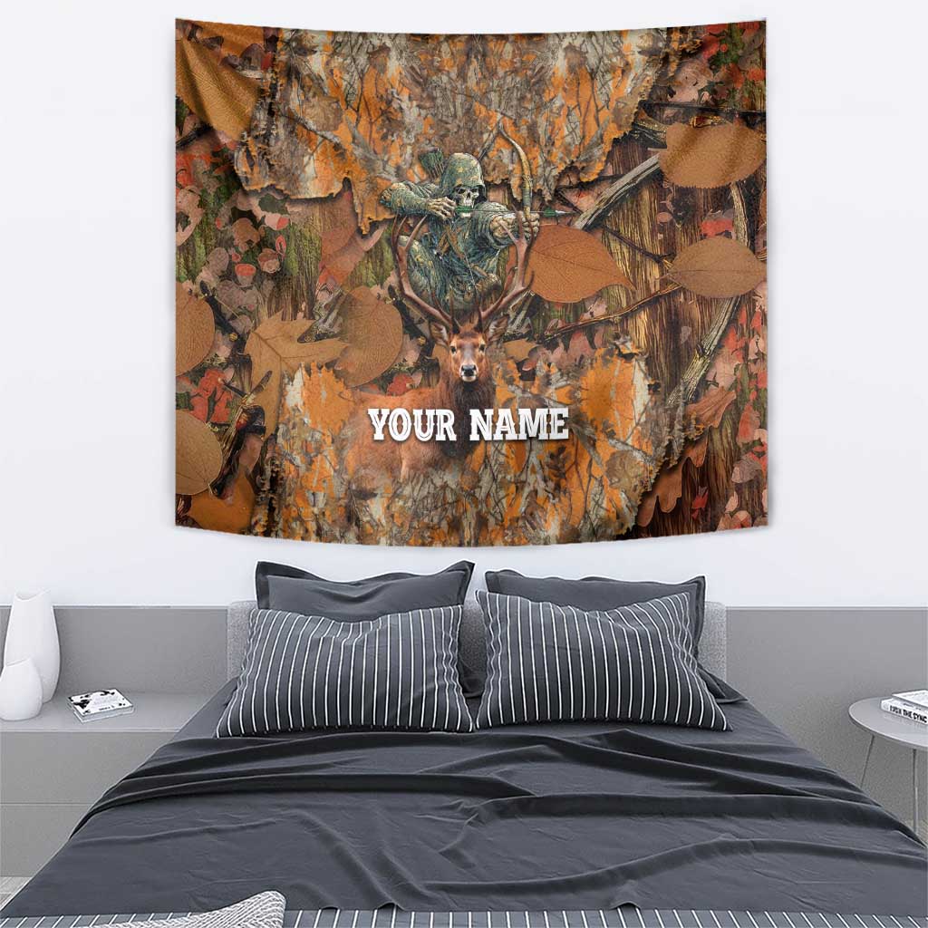 Forest camo hunting tapestry with skeleton archer, deer, and “YOUR NAME”