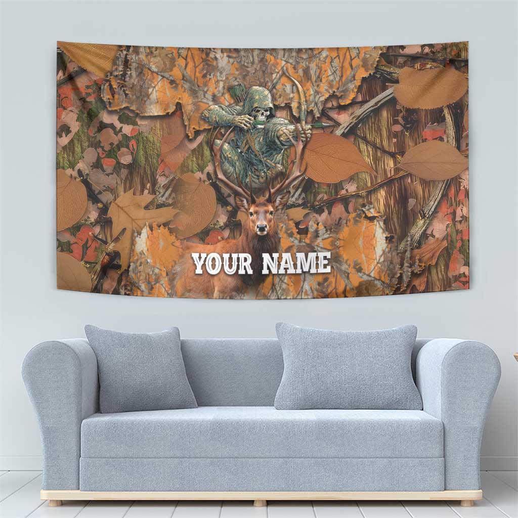 Forest camo wall tapestry with skeleton archer and deer, with “YOUR NAME” in white
