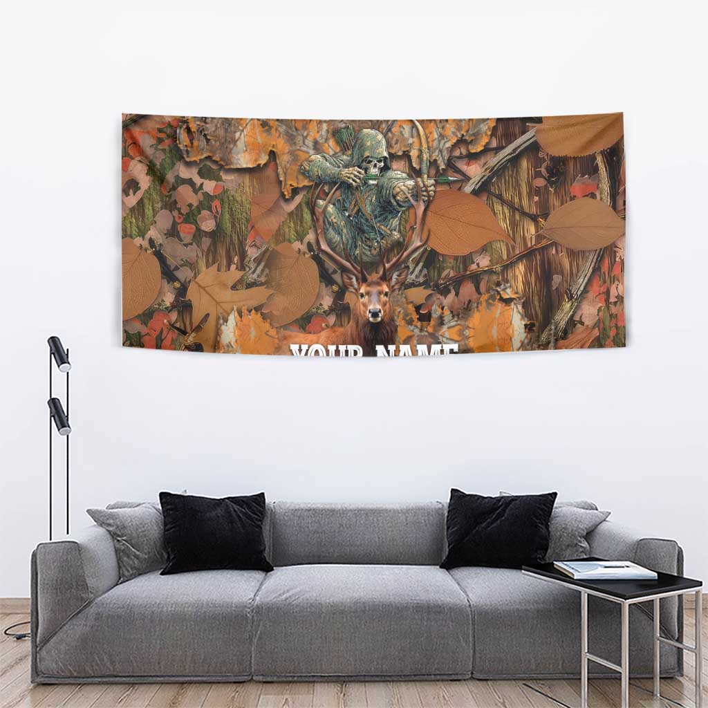 Deer hunting wall tapestry in forest camo, showing skeleton archer and “YOUR NAME”