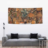 Deer hunting wall tapestry in forest camo, showing skeleton archer and “YOUR NAME”