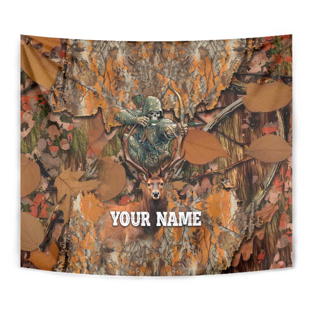 Square hunting tapestry with forest camo art of skeleton archer, deer, and “YOUR NAME”