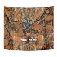 Square hunting tapestry with forest camo art of skeleton archer, deer, and “YOUR NAME”