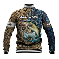 Personalized Walleye Splash Baseball Jacket Camo Reeds and Night Forest Fishing Theme - Wonder Print Shop