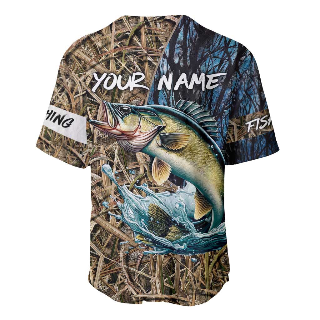 Personalized Walleye Splash Baseball Jersey Camo Reeds and Night Forest Fishing Theme - Wonder Print Shop