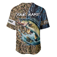 Personalized Walleye Splash Baseball Jersey Camo Reeds and Night Forest Fishing Theme - Wonder Print Shop