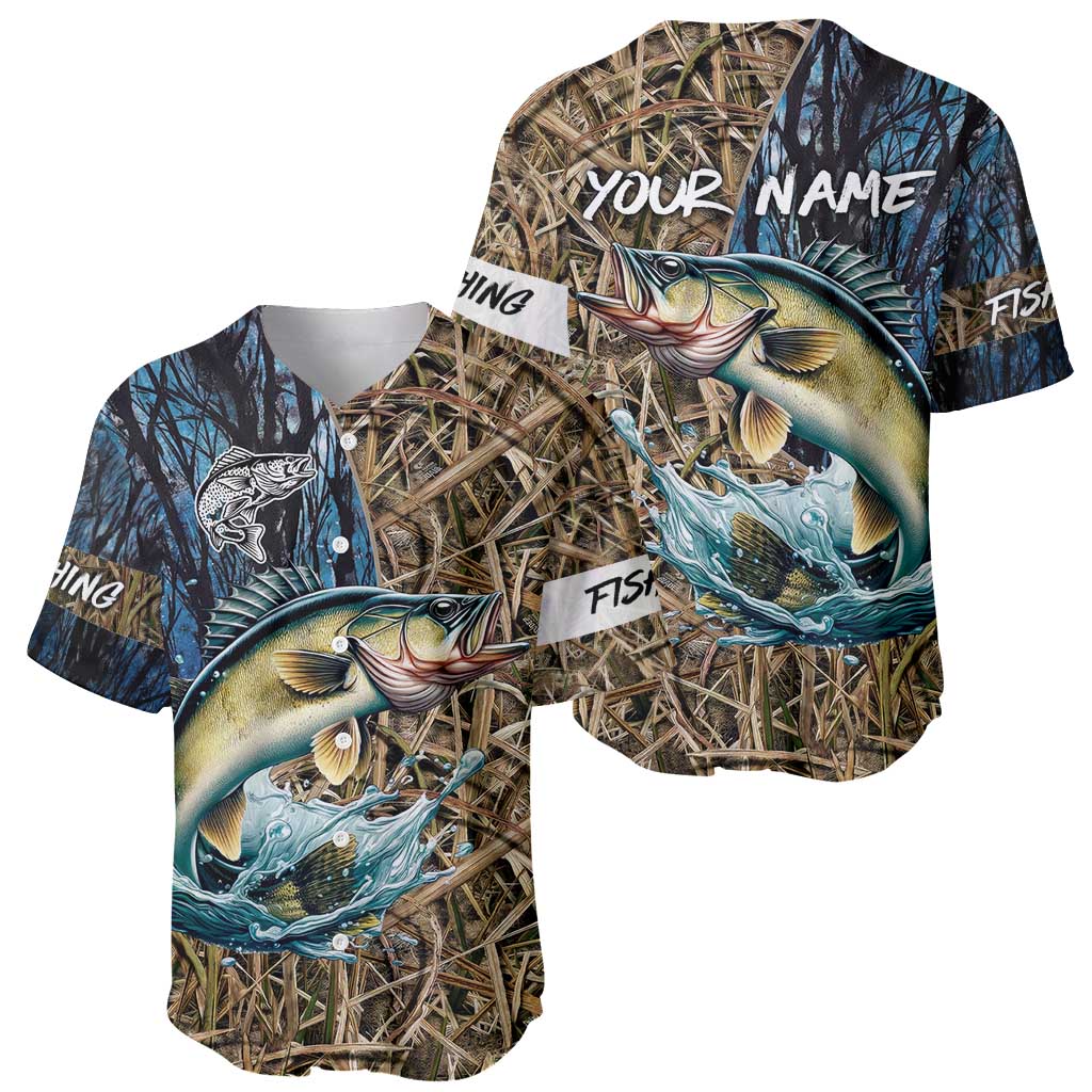 Personalized Walleye Splash Baseball Jersey Camo Reeds and Night Forest Fishing Theme - Wonder Print Shop
