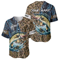 Personalized Walleye Splash Baseball Jersey Camo Reeds and Night Forest Fishing Theme - Wonder Print Shop