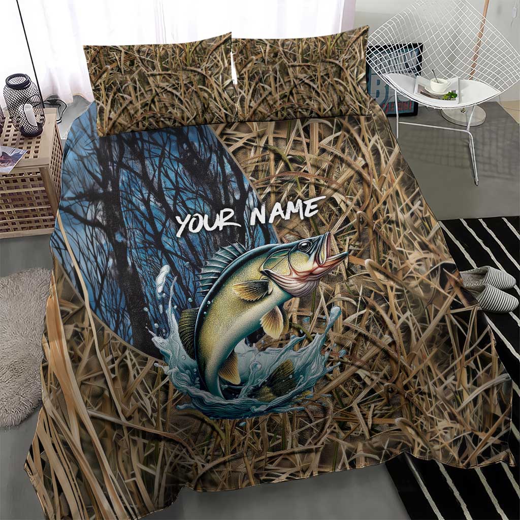 Personalized Walleye Splash Bedding Set Camo Reeds and Night Forest Fishing Theme TS04