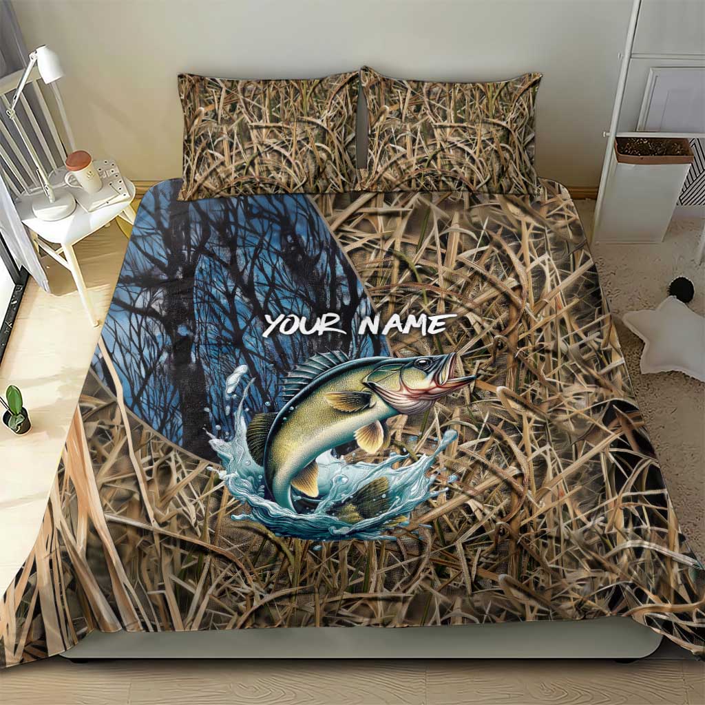 Personalized Walleye Splash Bedding Set Camo Reeds and Night Forest Fishing Theme TS04