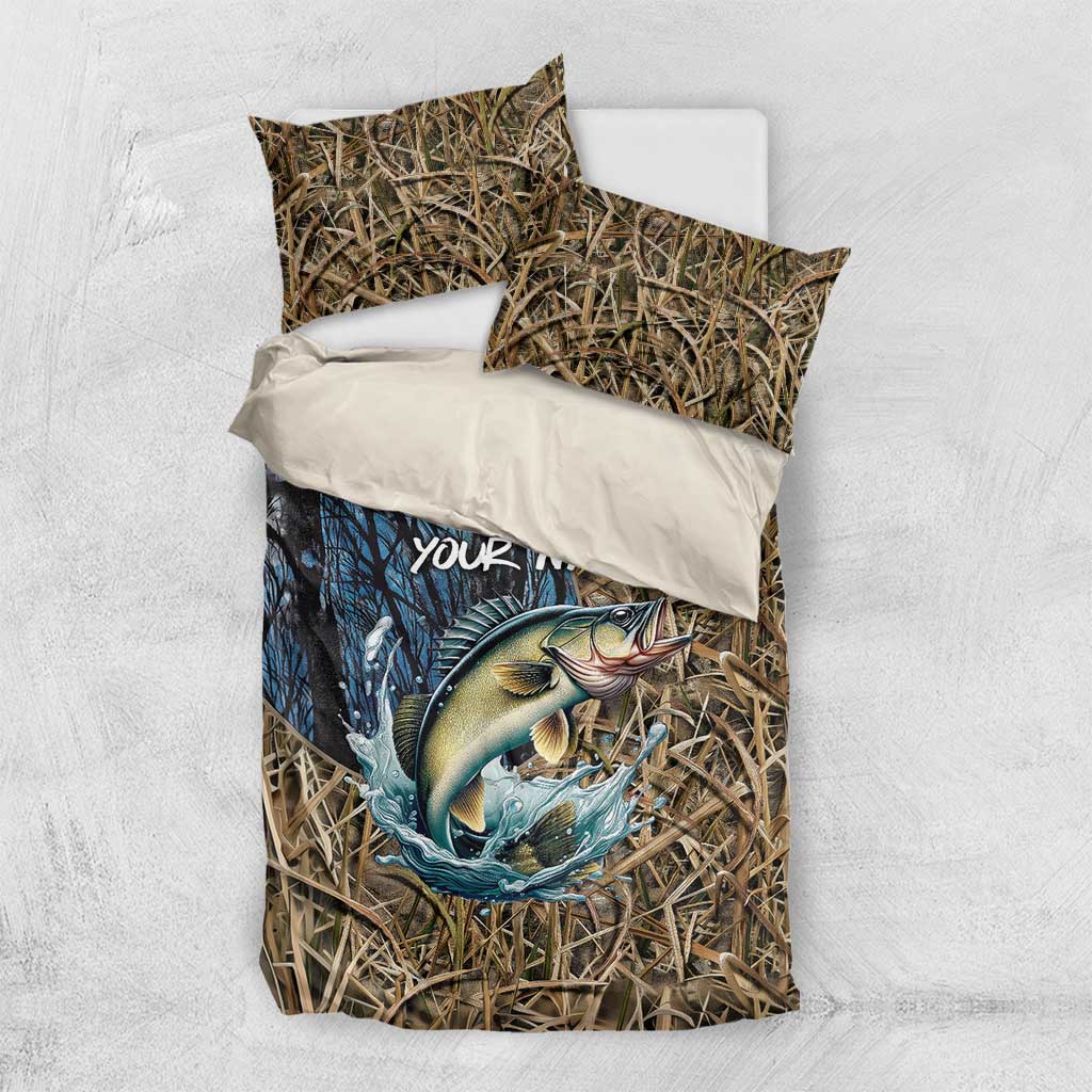 Personalized Walleye Splash Bedding Set Camo Reeds and Night Forest Fishing Theme TS04