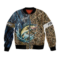 Personalized Walleye Splash Bomber Jacket Camo Reeds and Night Forest Fishing Theme - Wonder Print Shop
