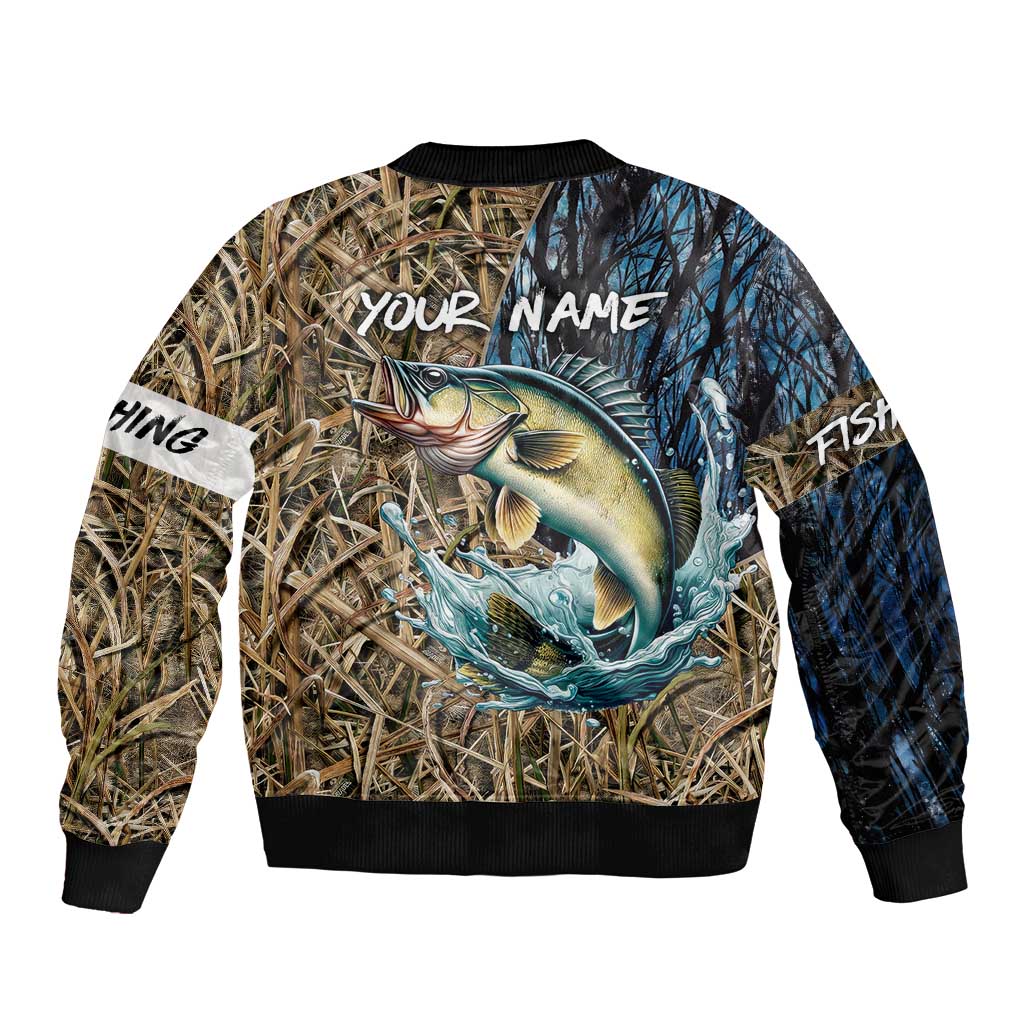 Personalized Walleye Splash Bomber Jacket Camo Reeds and Night Forest Fishing Theme - Wonder Print Shop