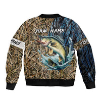 Personalized Walleye Splash Bomber Jacket Camo Reeds and Night Forest Fishing Theme - Wonder Print Shop