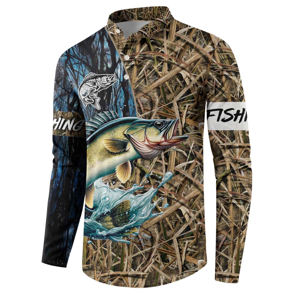 Personalized Walleye Splash Button Sweatshirt Camo Reeds and Night Forest Fishing Theme - Wonder Print Shop