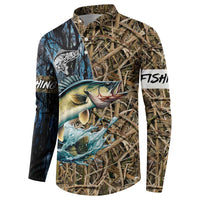Personalized Walleye Splash Button Sweatshirt Camo Reeds and Night Forest Fishing Theme - Wonder Print Shop