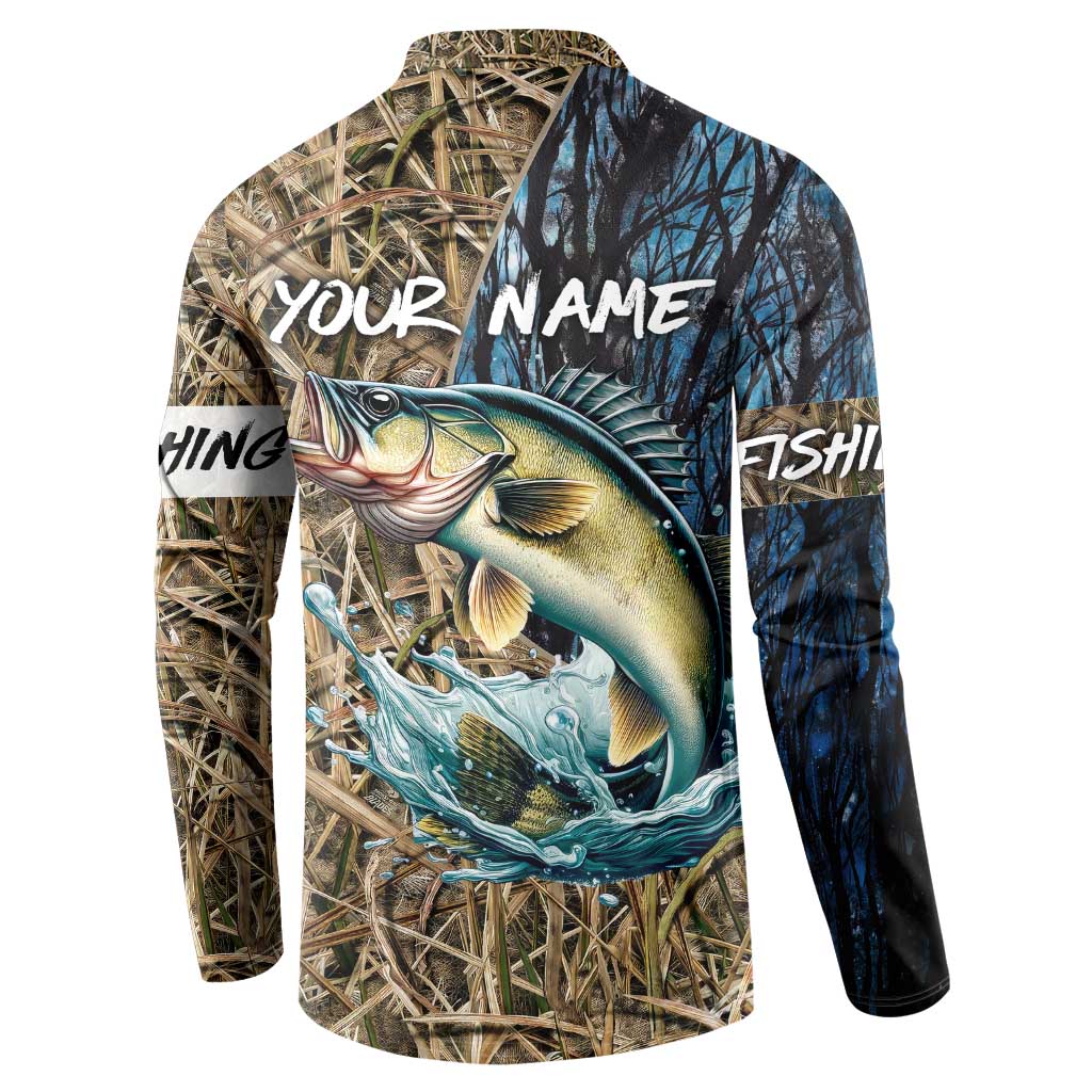 Personalized Walleye Splash Button Sweatshirt Camo Reeds and Night Forest Fishing Theme - Wonder Print Shop