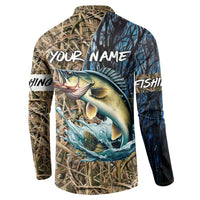 Personalized Walleye Splash Button Sweatshirt Camo Reeds and Night Forest Fishing Theme - Wonder Print Shop