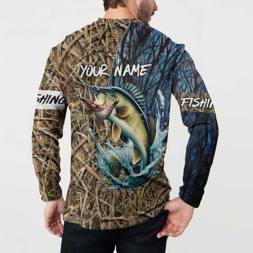 Personalized Walleye Splash Button Sweatshirt Camo Reeds and Night Forest Fishing Theme - Wonder Print Shop