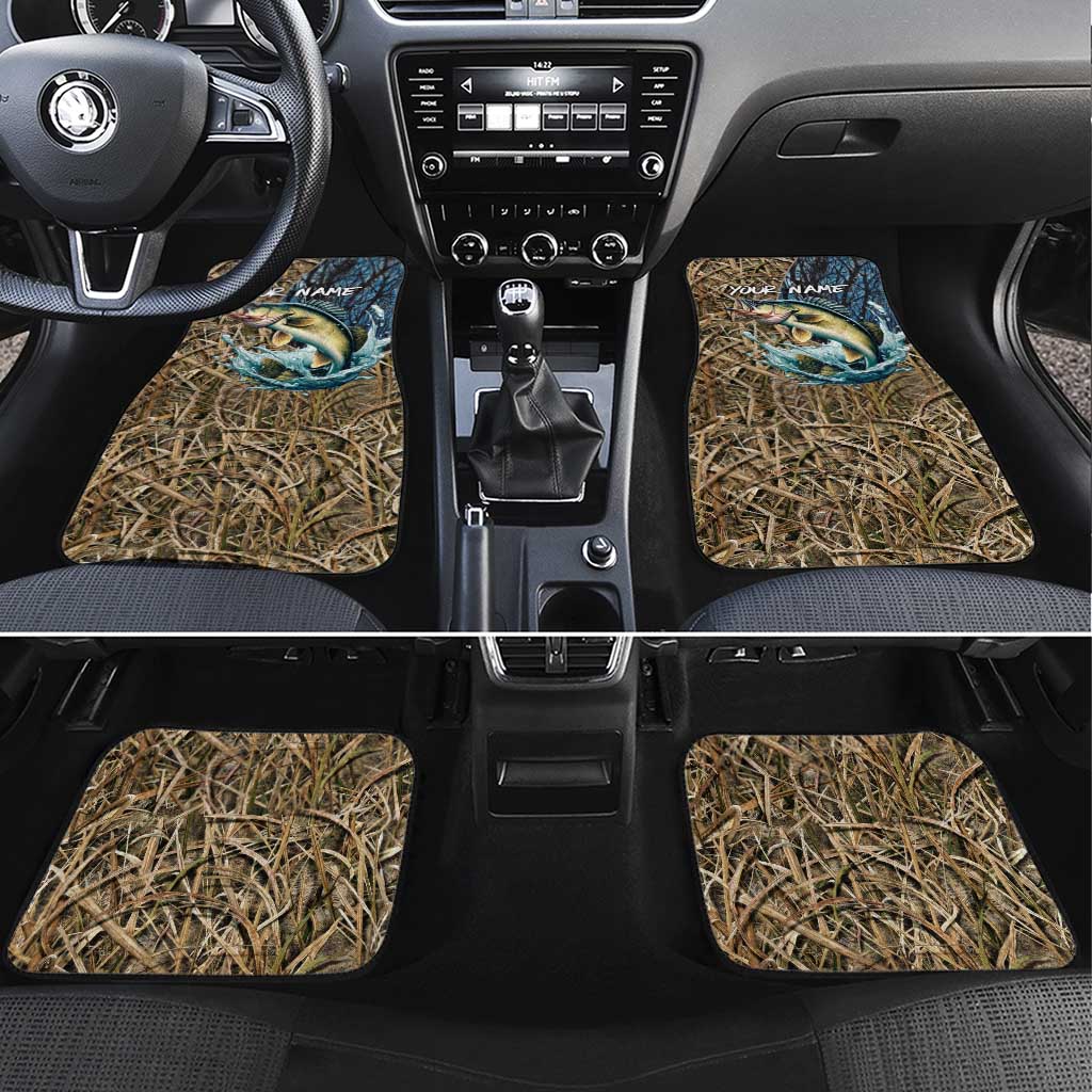 Set of personalized camo car floor mats with blue fish graphic on reeds, 4-piece