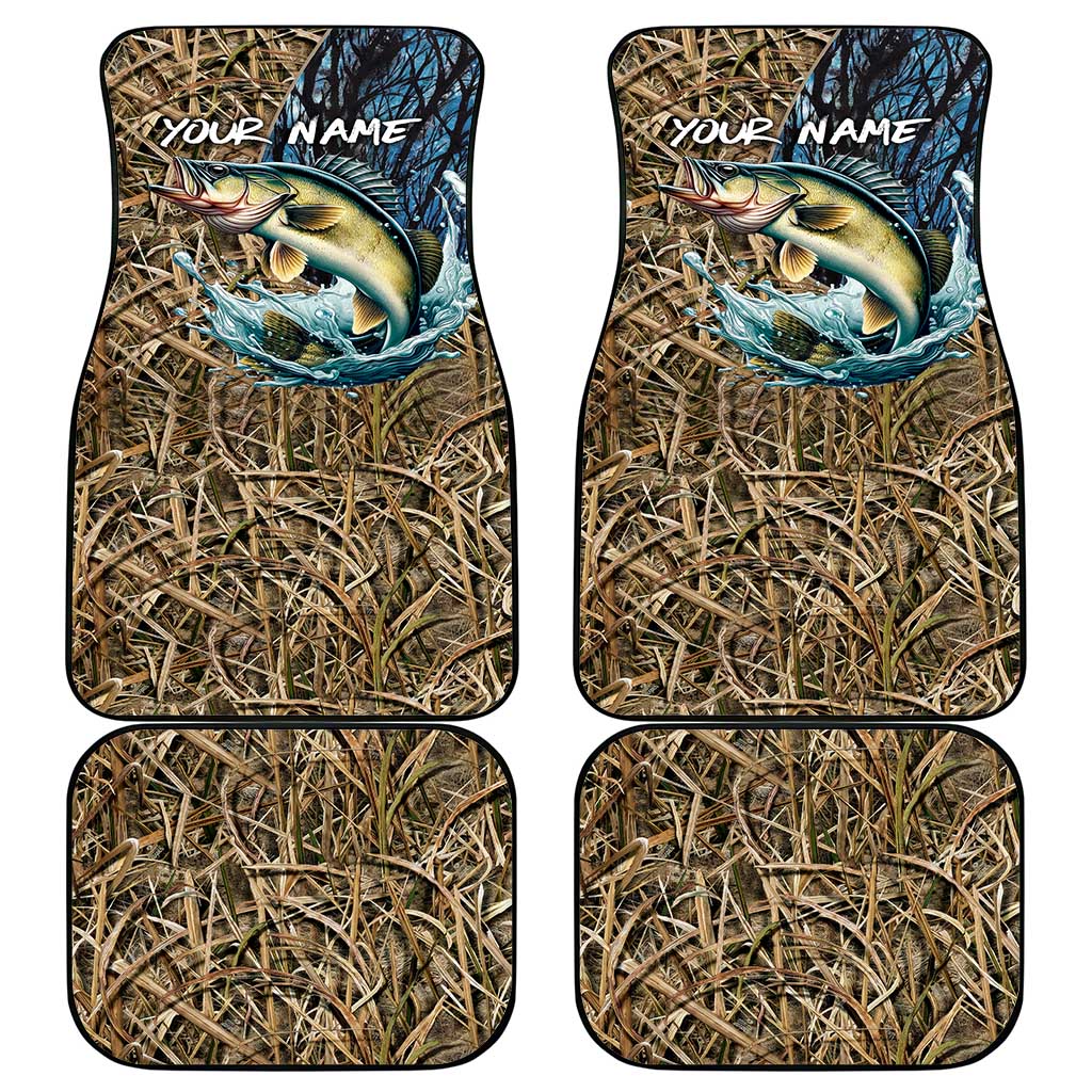 Personalized camo car mats set of four, blue fish artwork with 'YOUR NAME' text
