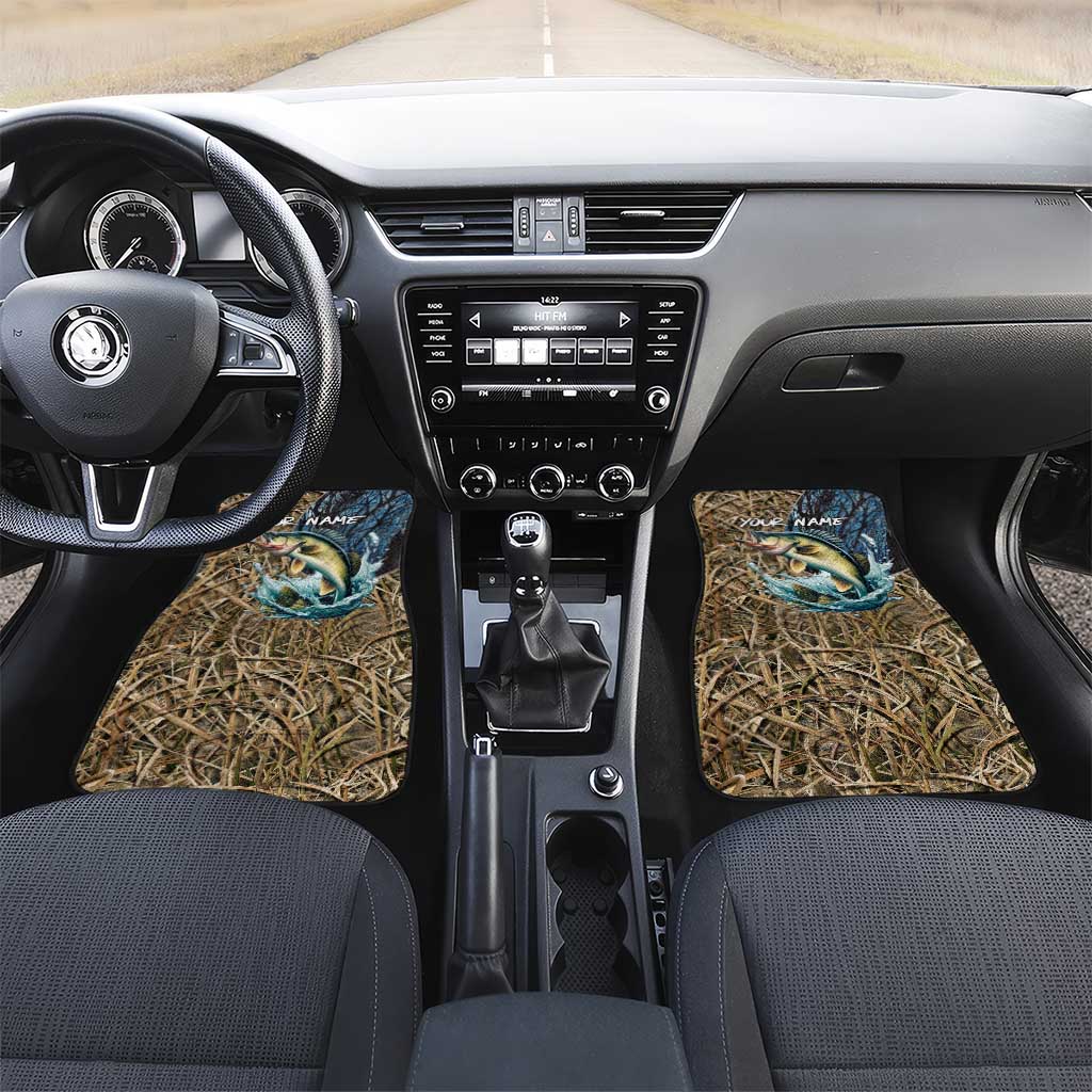 Set of personalized camo car mats in front footwell, blue fish design on reeds