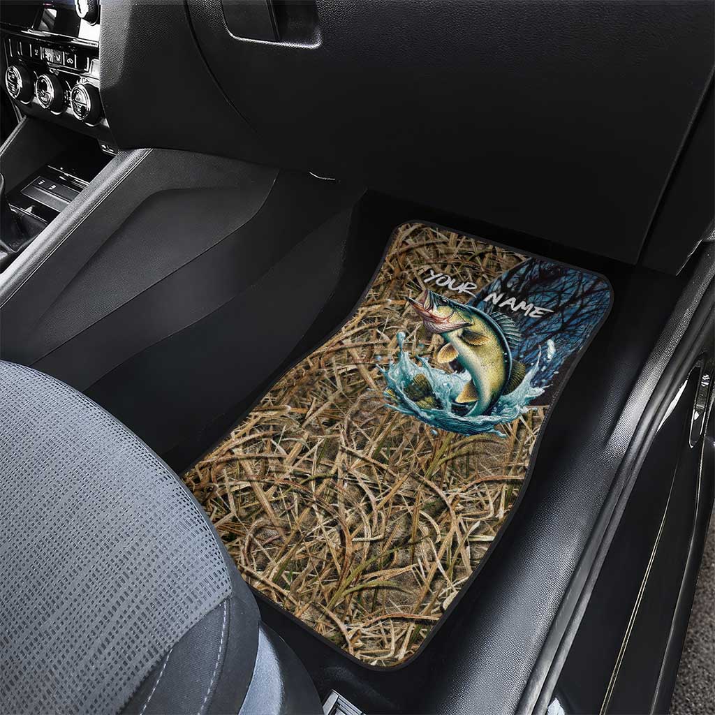 Single personalized camo car mat with blue fish graphic and 'YOUR NAME' on reeds