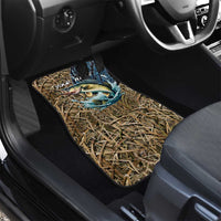 Personalized camo floor mat with blue fish graphic on reeds, 'YOUR NAME' visible