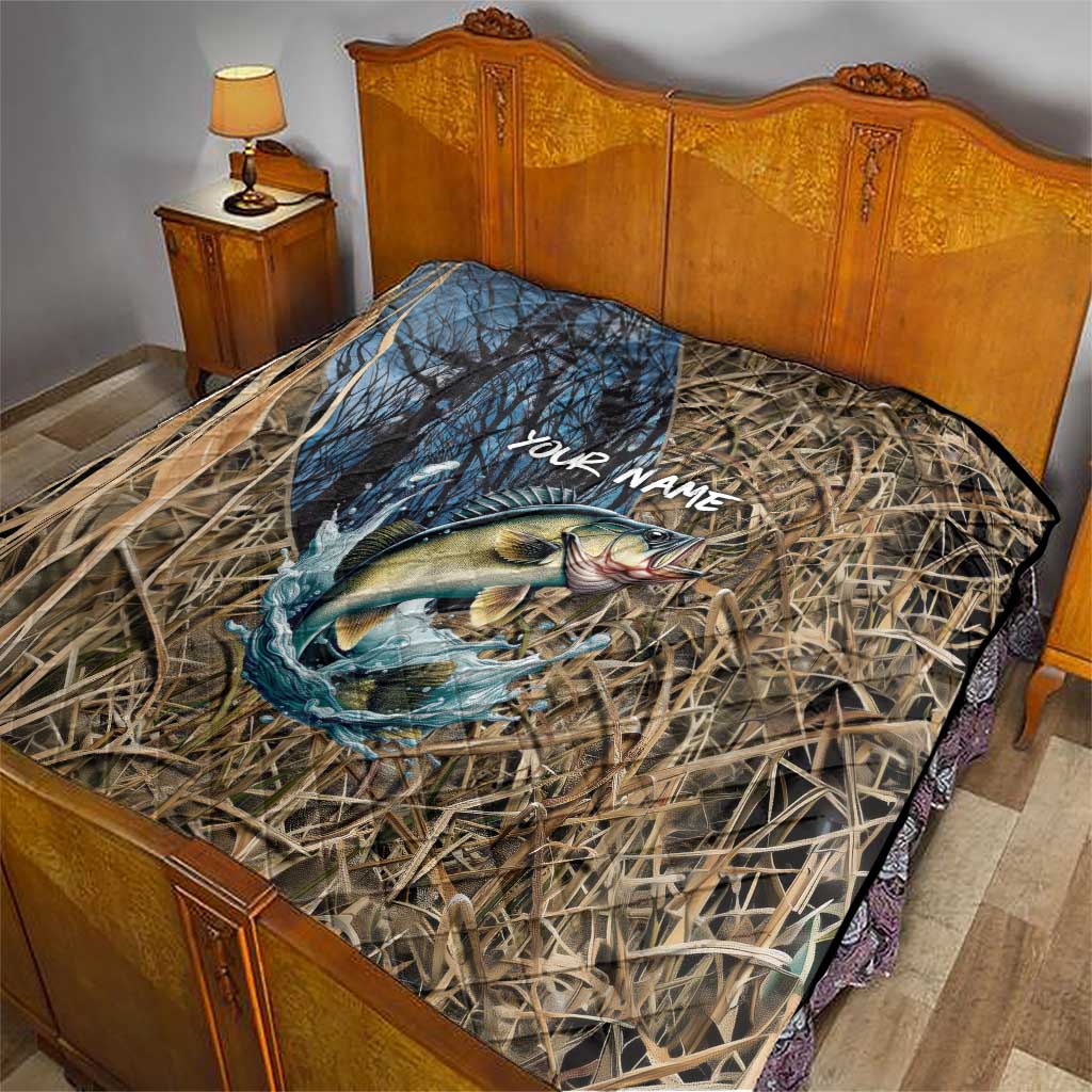 Personalized Walleye Splash Quilt Camo Reeds and Night Forest Fishing Theme TS04