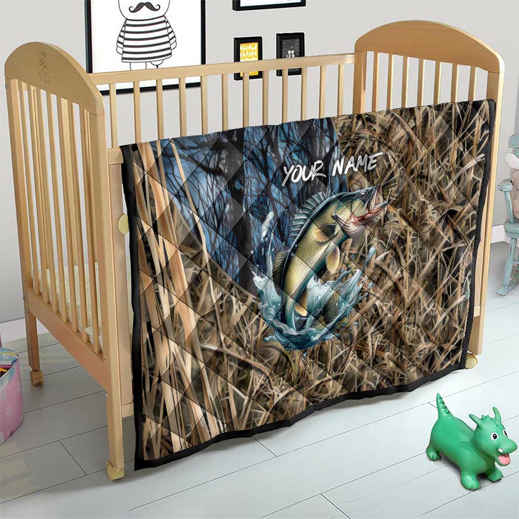 Personalized Walleye Splash Quilt Camo Reeds and Night Forest Fishing Theme TS04
