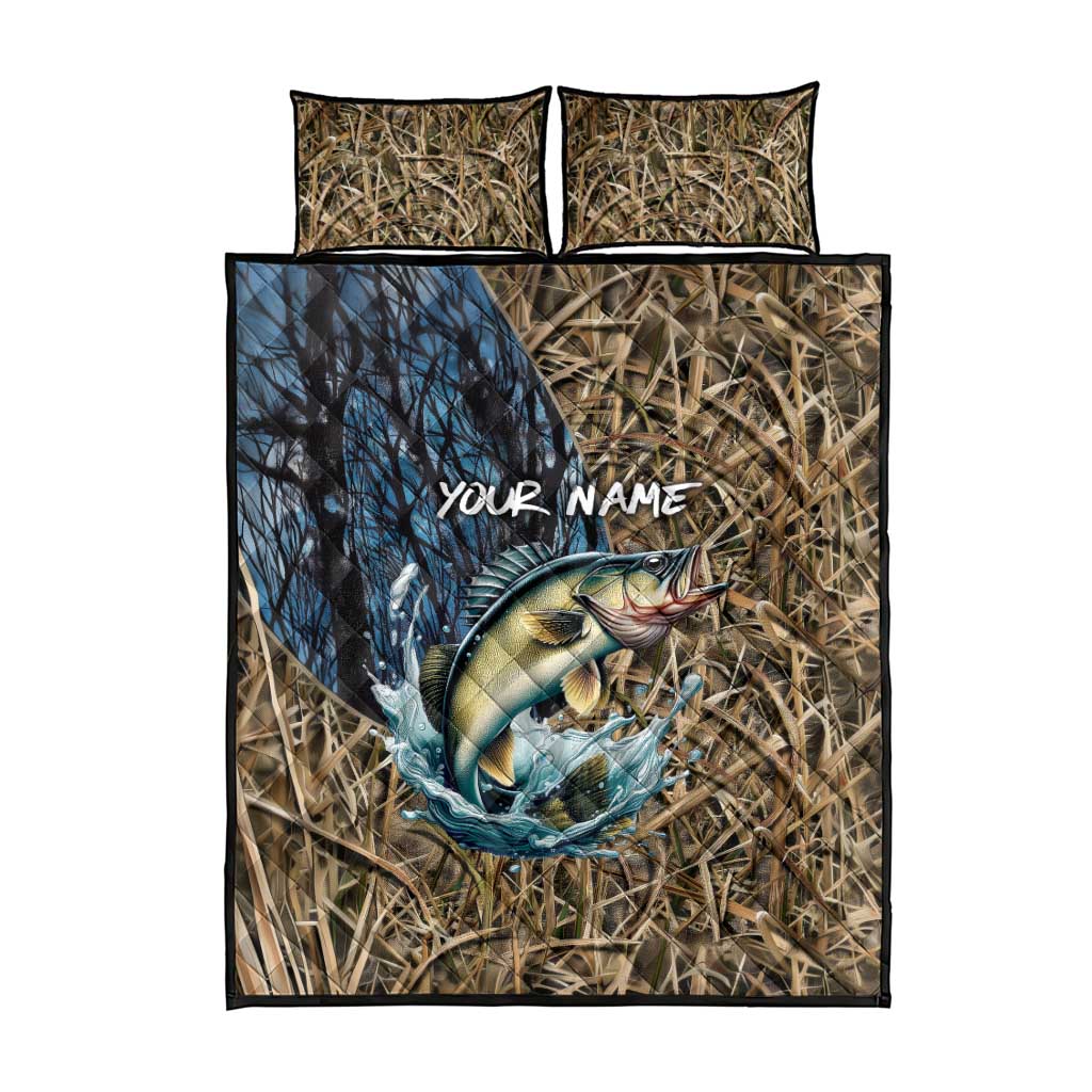 Personalized Walleye Splash Quilt Bed Set Camo Reeds and Night Forest Fishing Theme TS04