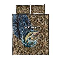 Personalized Walleye Splash Quilt Bed Set Camo Reeds and Night Forest Fishing Theme TS04