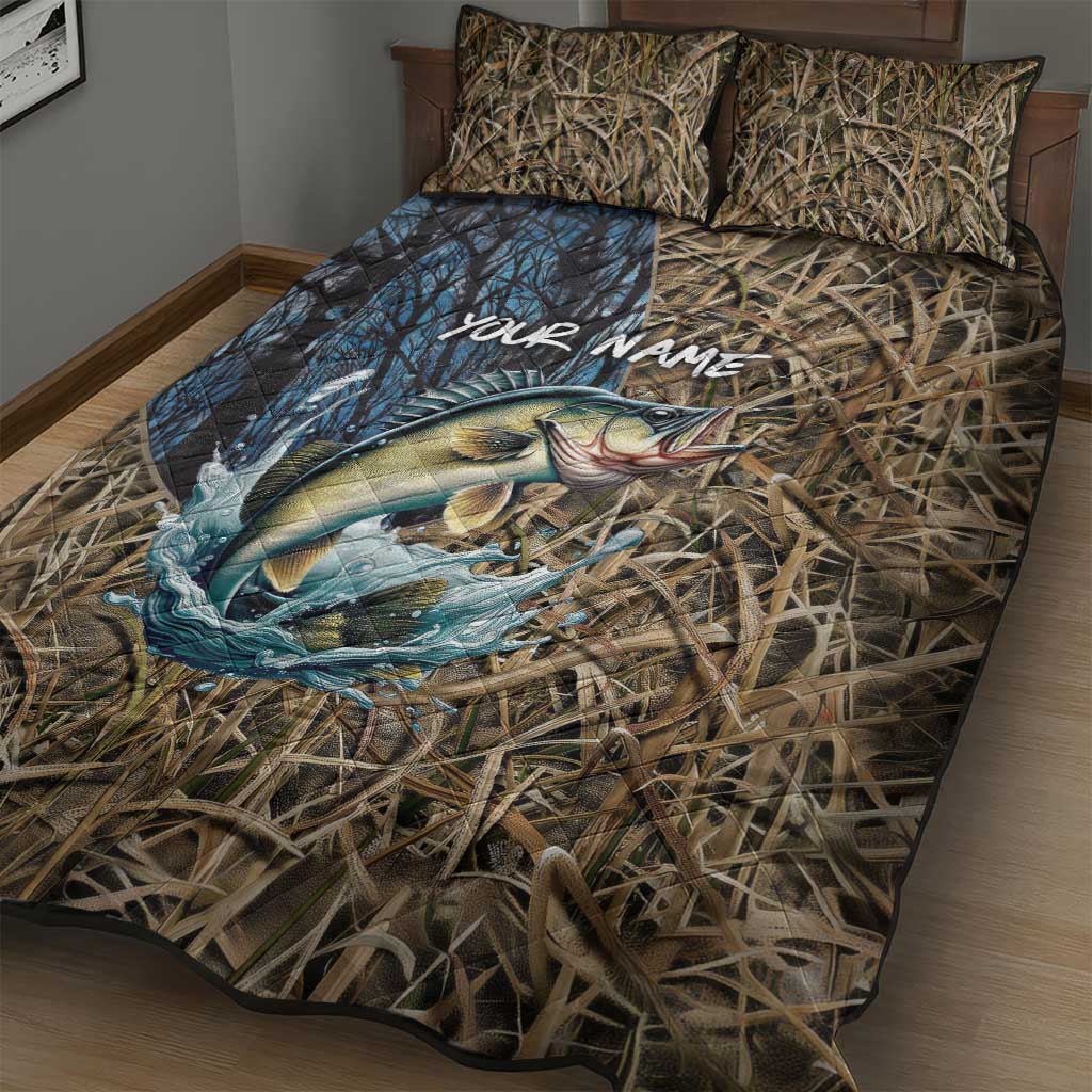 Personalized Walleye Splash Quilt Bed Set Camo Reeds and Night Forest Fishing Theme TS04