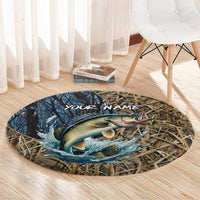 Personalized Walleye Splash Round Carpet Camo Reeds and Night Forest Fishing Theme TS04