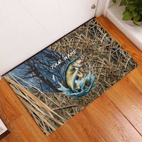 Personalized Walleye Splash Rubber Doormat Camo Reeds and Night Forest Fishing Theme TS04